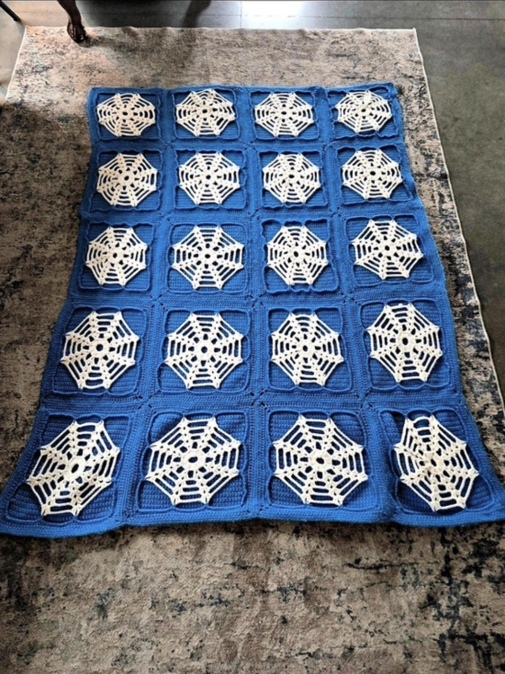 Handmade Crochet Spiderweb Or Snowflakes Blanket Blue & White
